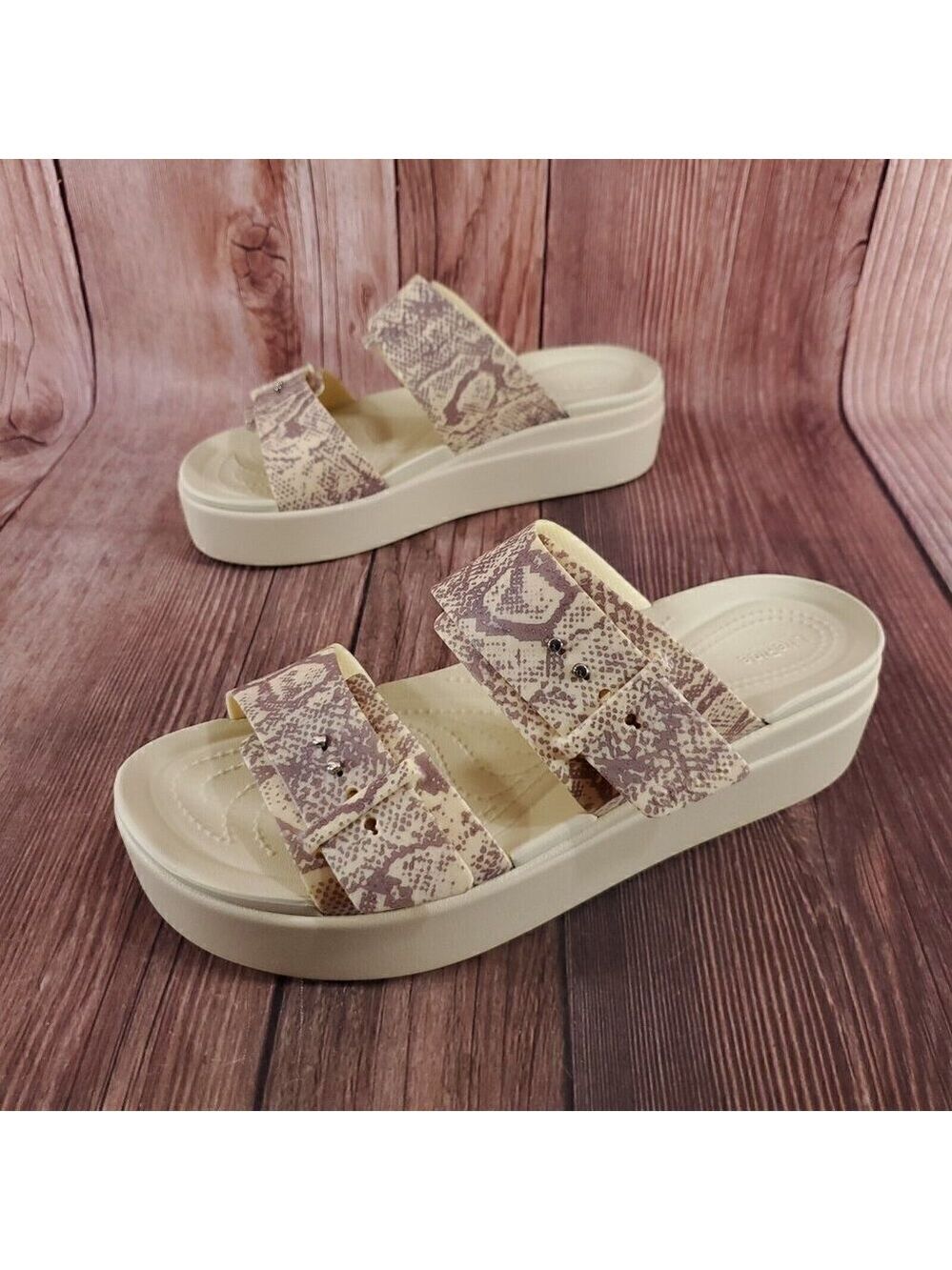 Crocs LiteRide Womens Sz 11 Brooklyn Snake Print Buckle Low Wedge Slides Sandals